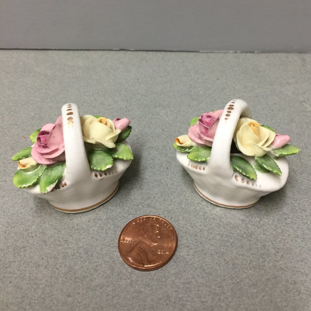 Two porcelain China Baskets with flowers. Unknown maker. See photos for marking